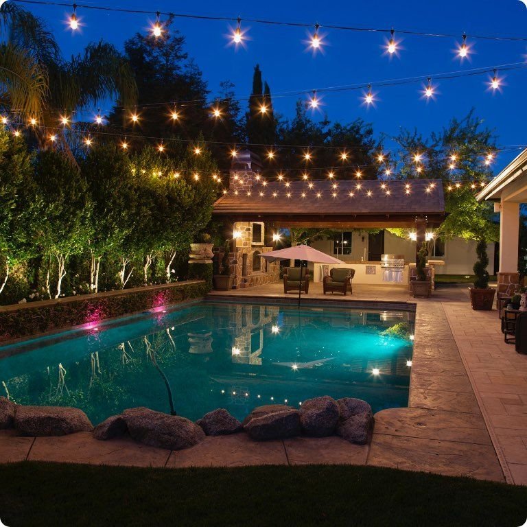 Poolside bistro string lights